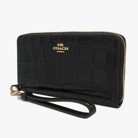 Coach Black Croc Embossed Wristlet, Long Zip Around Wallet Croco Leather - Picture 1 of 12